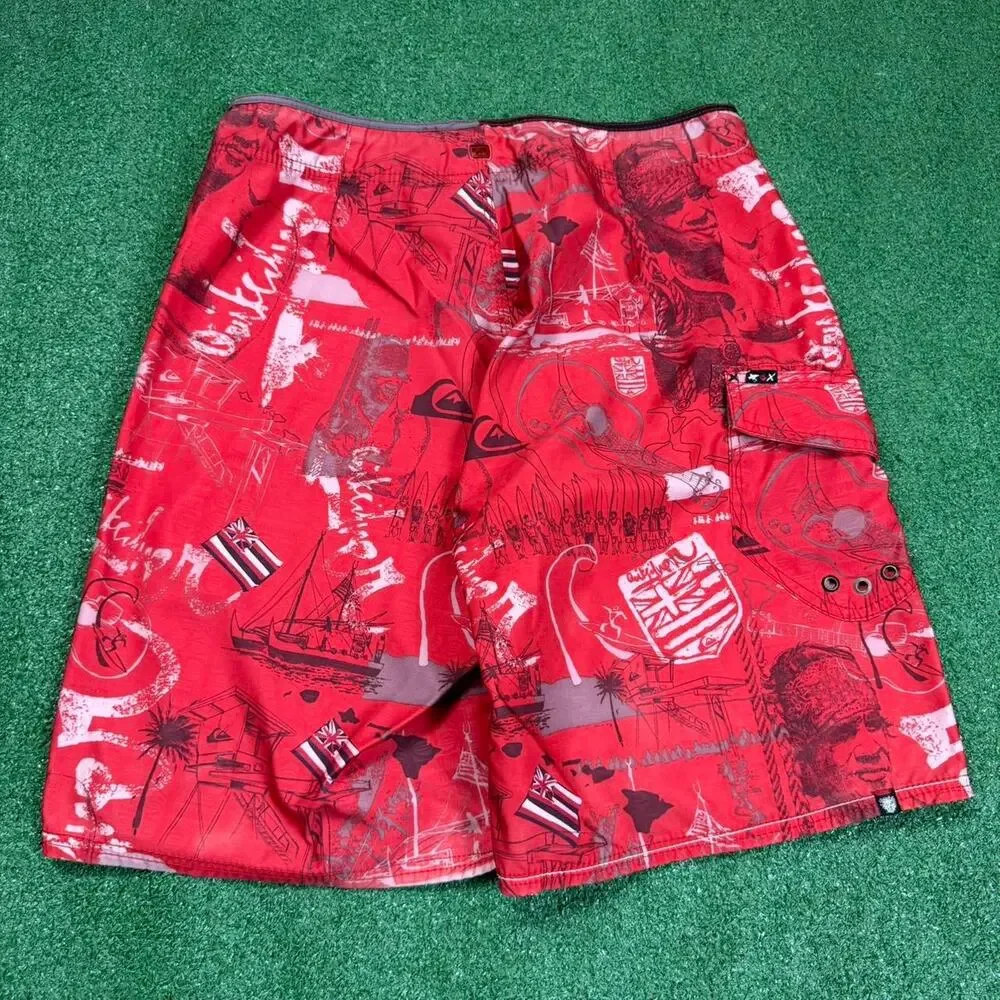 Quiksilver Eddie Aikau Board Shorts Red AOP Y2K Surf Swim Trunks Men’s 32